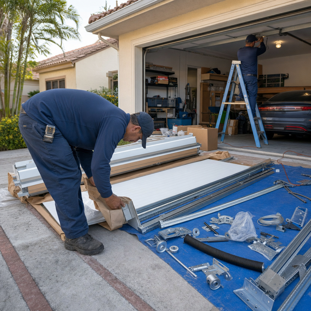 Garage door installation service with technicians working on a new door.