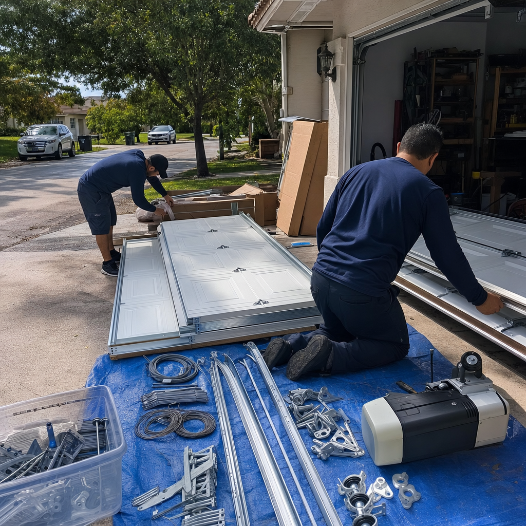 Professional garage door installation with new parts on tarp