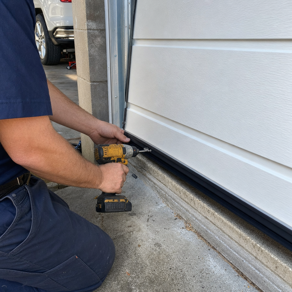 Garage door installation: technician drills weather seal onto garage door bottom.
