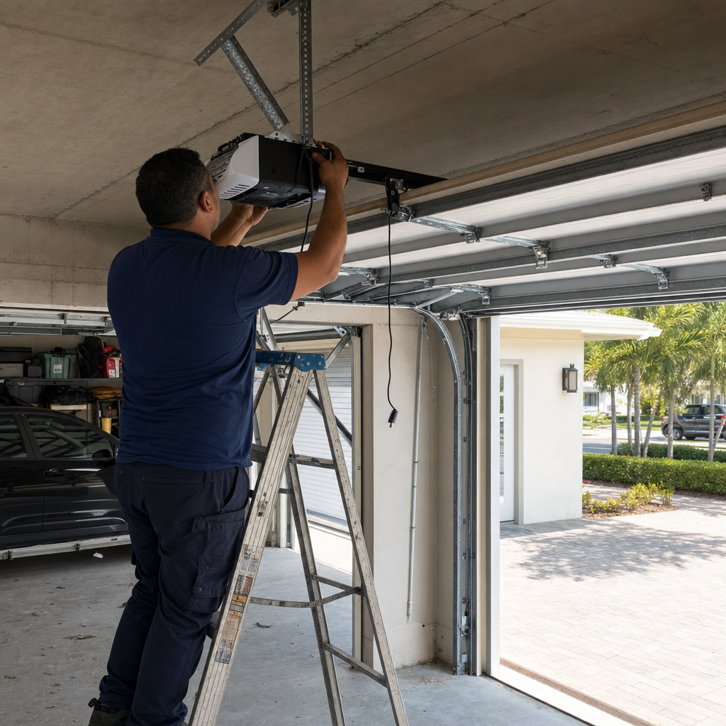 Technician installing garage door opener on ladder