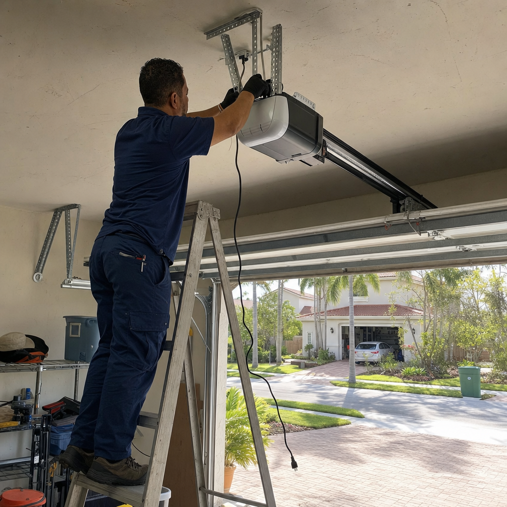 Garage door opener installation by technician on ladder