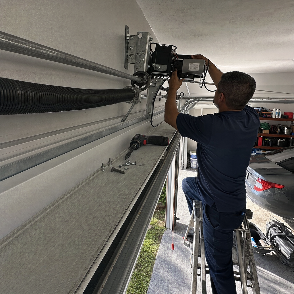 Technician installing garage door opener motor on a large garage door system