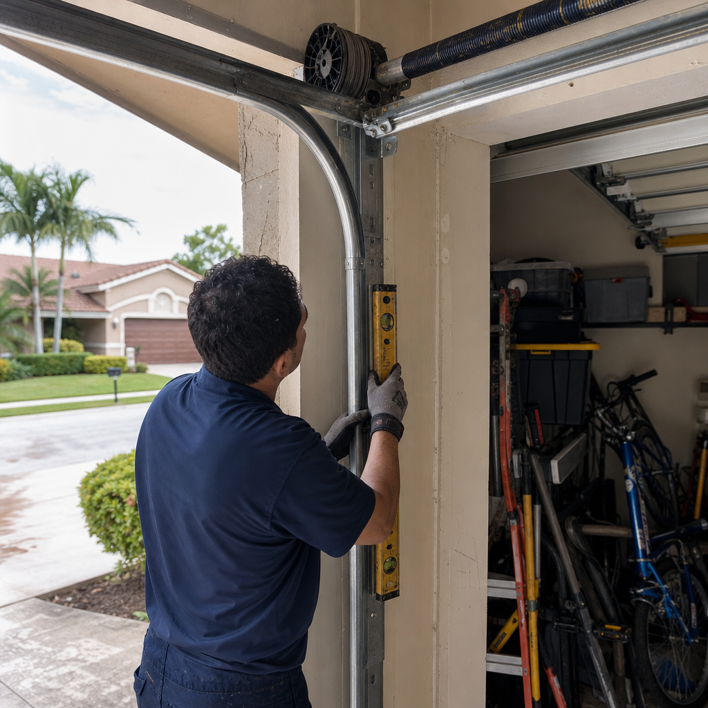 Garage door technician using a level on a garage door track