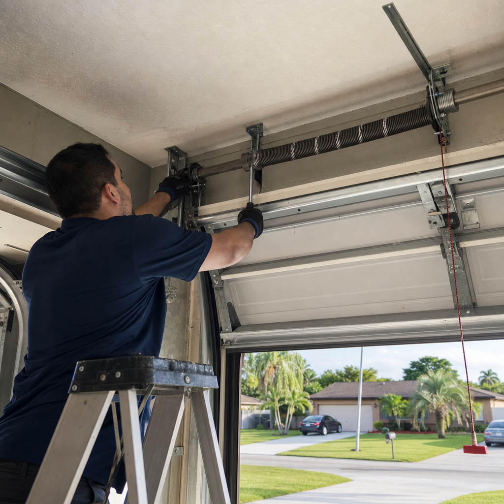 Garage door repair technician working on torsion spring
