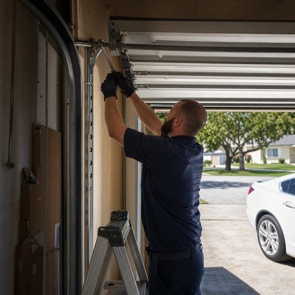 Technician fixing garage door parts with a wrench on a ladder. in Miami, FL